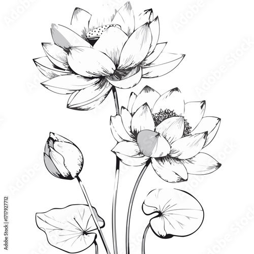 Lotus Flower Sketch Outline Illustration in Black and White – Hand Drawn Botanical Vector
