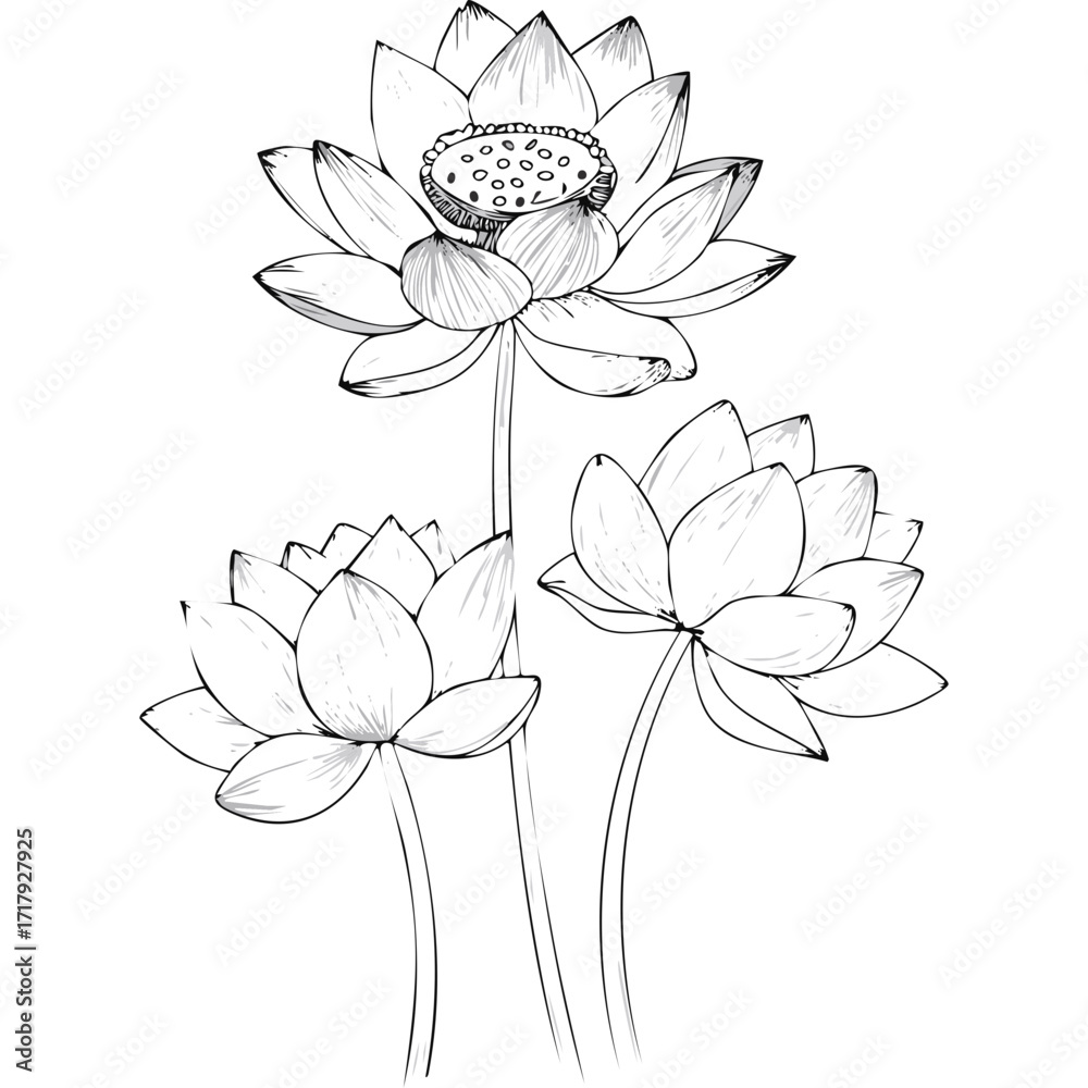 Fototapeta premium Lotus Flower Sketch Outline Illustration in Black and White – Hand Drawn Botanical Vector