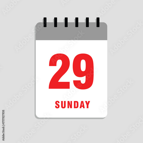 Sunday, the 29th. Abstract calendar date page highlighting the day of the week and number of the day, marked for event schedules, meetings, and agenda planning. Vector illustration.