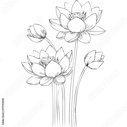 Lotus Flower Sketch Outline Illustration in Black and White – Hand Drawn Botanical Vector