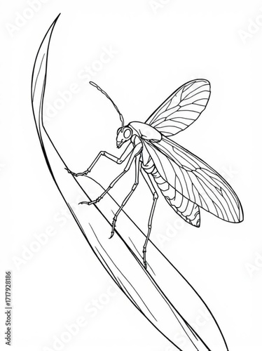 Minimilist detailed line art of a winged insect perched on a curved leaf with intricate wing venation shown clearly vector