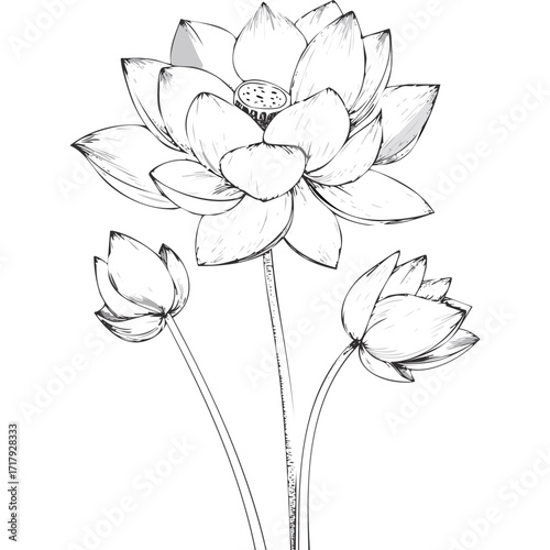 Lotus Flower Sketch Outline Illustration in Black and White – Hand Drawn Botanical Vector