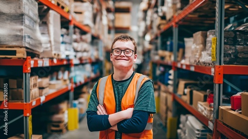 A happy young guy with Down syndrome who works in a warehouse, illustrating the idea of social inclusion.