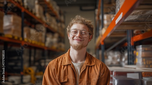 A happy young guy with Down syndrome who works in a warehouse, illustrating the idea of social inclusion.