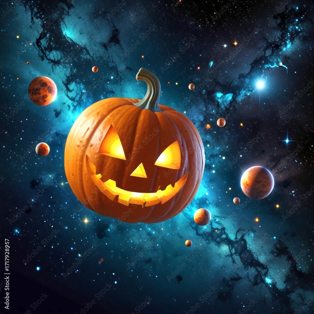 Fototapeta premium Halloween pumpkin jack-o’-lantern floating in galaxy space