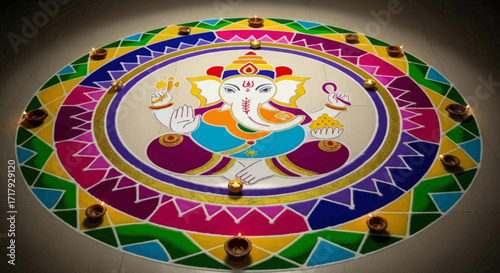 Intricate Ganesha Rangoli Design with Vibrant Colors and Oil Lamps.