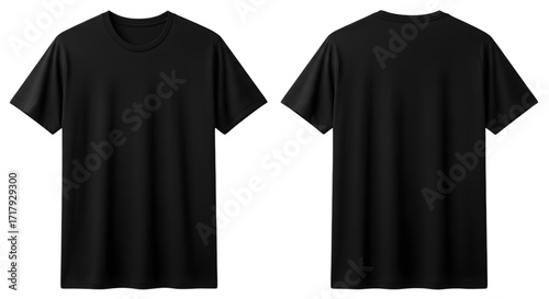 Front and back view of a plain black tshirt isolated on transparent background