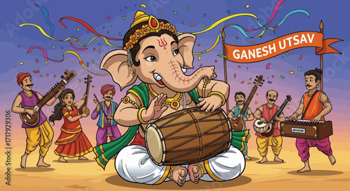Joyful Ganesha playing traditional Indian dholak drum adorned with golden jewelry and green sash.