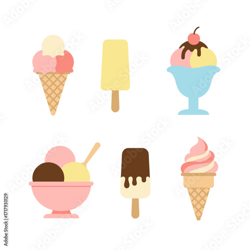 vector set of ice cream icons, such as parfait, frozen yogurt, ice cream sundae, vanilla, chocolate