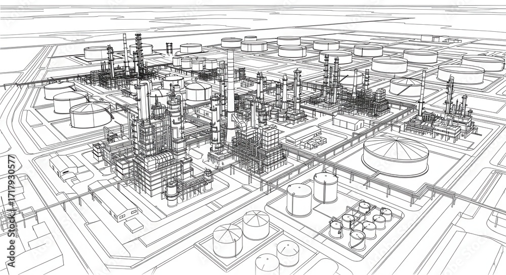 Fototapeta premium Detailed Schematic Visualization of a Complex Industrial Refinery Plant