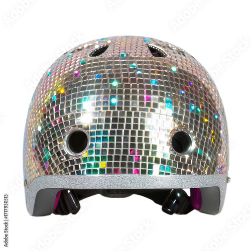 Stylish helmet featuring transparent background adorned with colorful disco ball patterns, perfect for safety and fun