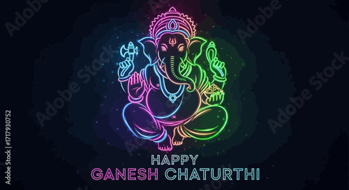 Neon Line Art Ganesha Multicolored Seated Pose Holding Modak and Axe.
