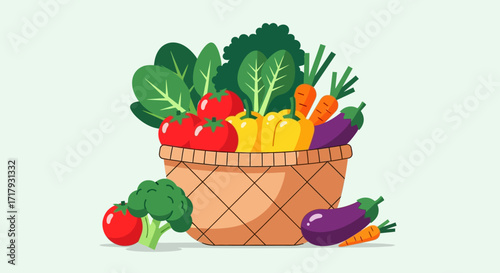 A woven basket overflowing with a vibrant assortment of fresh, healthy vegetables, including tomatoes, bell peppers, carrots, broccoli, spinach, and eggplant...