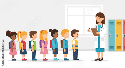 Children lined up for medical checkup, doctor taking notes, school setting.