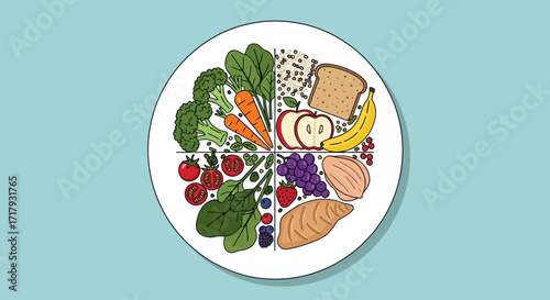A stylized illustration of a balanced meal featuring various healthy food groups on a plate.