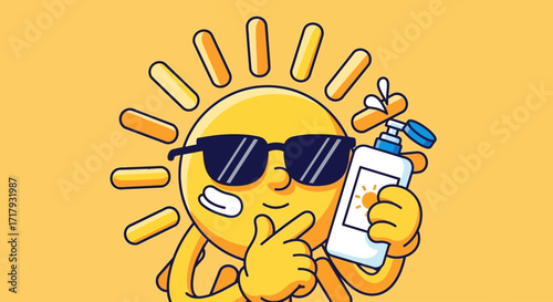 A thoughtful cartoon sun wearing sunglasses holds a bottle of sunscreen, with a dab on its cheek.