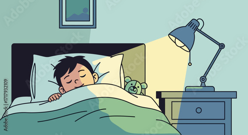 A young boy peacefully sleeps in his bed, illuminated by a bedside lamp casting a warm glow, with a teddy bear nestled beside him.