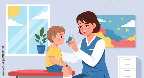 A caring nurse administers an inhaler to a young boy sitting on a medical examination table, illustrating childhood respiratory care and treatment.