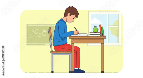 A young boy is diligently focused on writing in a notebook at his desk, surrounded by educational materials and a window view.