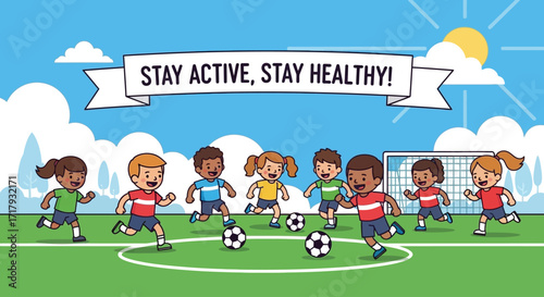 Diverse group of energetic children joyfully playing soccer on a vibrant green field under a sunny sky, promoting a message of active and healthy living.