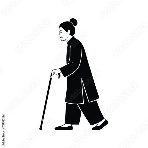 Vector art of elderly person walking with a cane