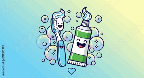 Cheerful cartoon toothbrush and toothpaste characters surrounded by sparkling bubbles, symbolizing fresh dental care.