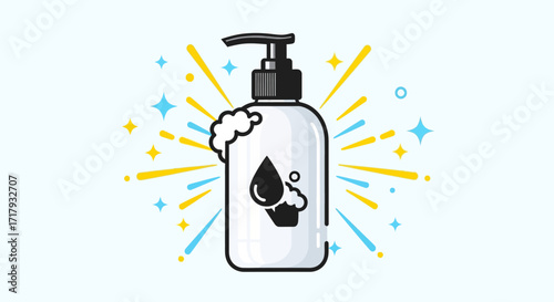A stylized illustration of a white soap dispenser bottle with foam, bubbles, and a sparkling clean effect.