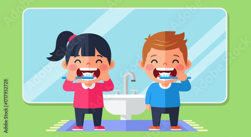 Two smiling children brushing their teeth in front of a bathroom mirror, promoting oral hygiene.