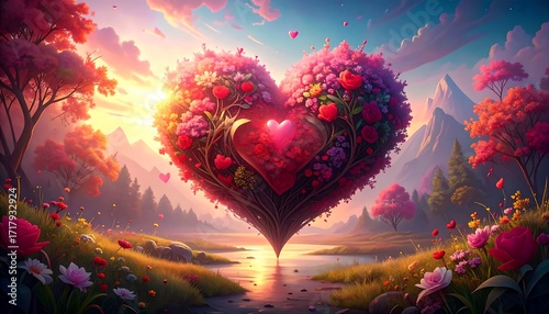 Heart-shaped floral wonderland with a serene landscape