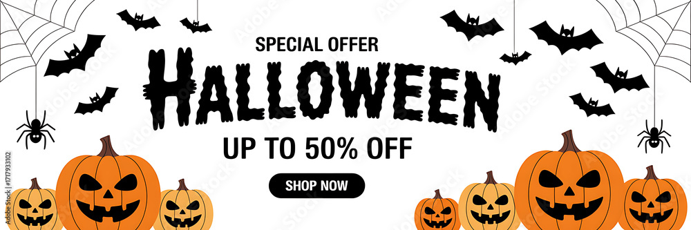 Naklejka premium Halloween sale special offer up to 50% off pumpkins and bats banner for promotion illustration