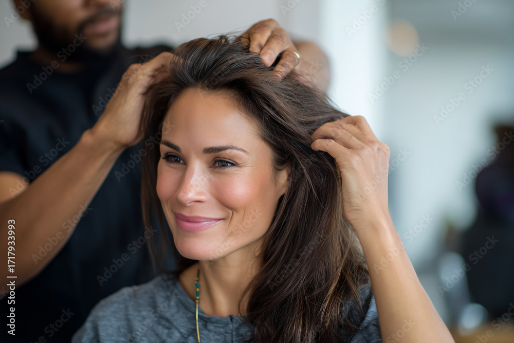 Fototapeta premium Brazilian beauty salon owner styling clients hair, small business atmosphere, 