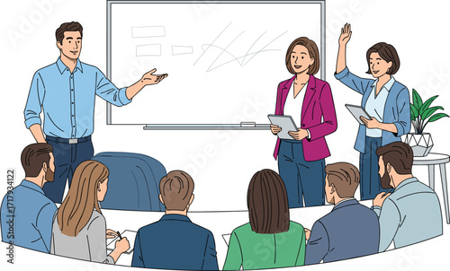 Business team presentation with colleagues discussing strategy, professional meeting, group training, teamwork collaboration, office seminar, brainstorming session, leadership communication