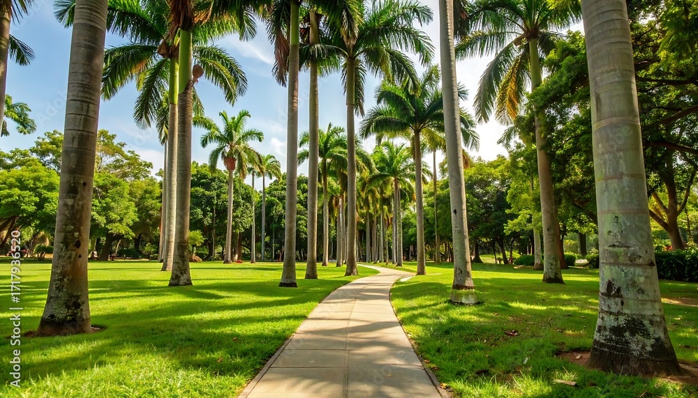 Fototapeta premium Sunny park path lined with tall palm trees