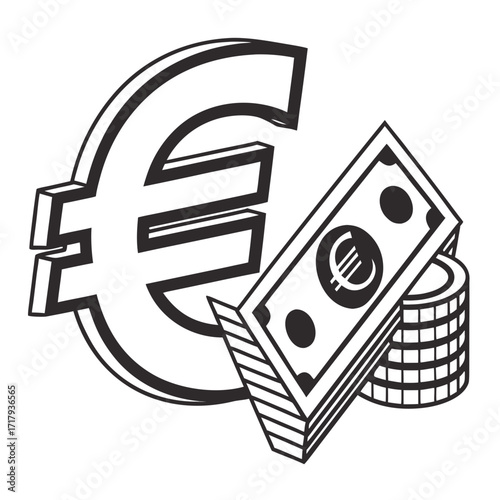 Euro symbol with cash and coins silhouette isolated on white background