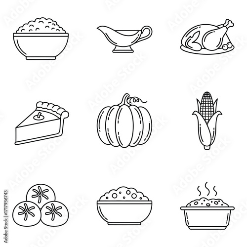 Thanksgiving dinner icons set festive food collection line art style for seasonal design silhouette