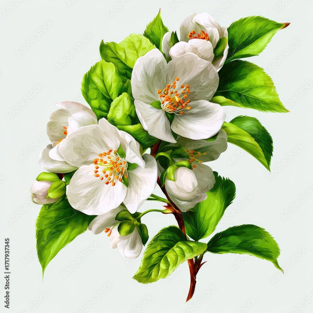 Fototapeta premium Detailed illustration of a flowering branch. A cluster of white blossoms with vibrant green leaves. Soft light and delicate brushstrokes