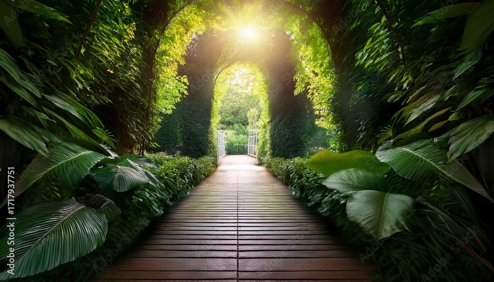 Obraz premium a serene passageway framed by lush greenery leading to a bright light evokes tranquility and nature s beauty