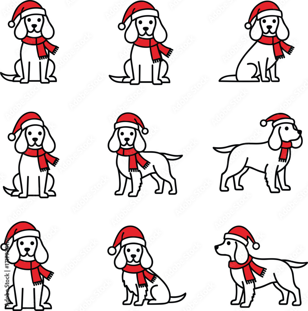 Naklejka premium Spaniel Dog in Christmas Outfit Outline Vector Icons.