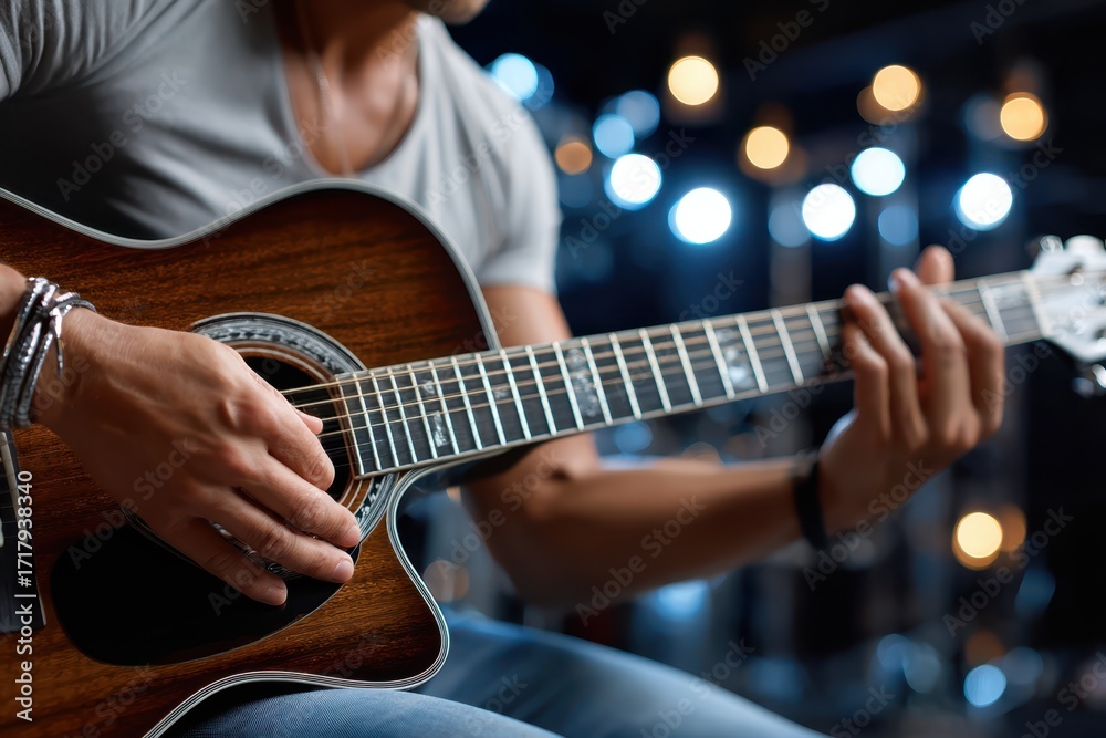 Fototapeta premium Man playing acoustic guitar on stage