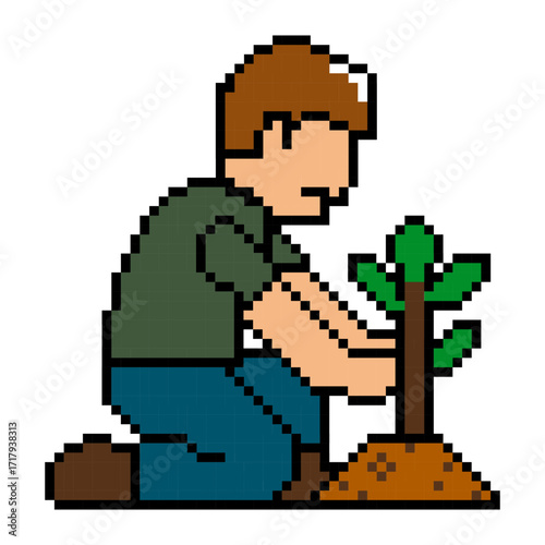 Pixel Man Planting Green Tree