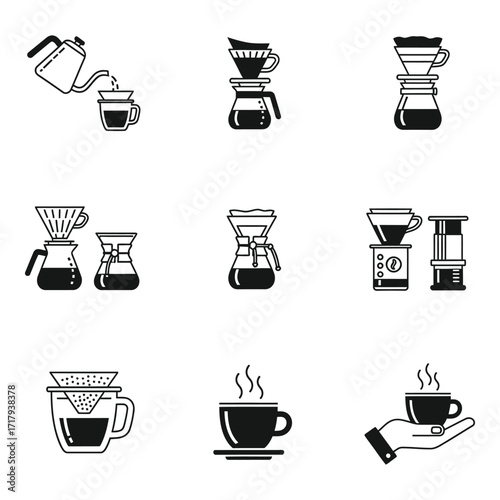 Diverse coffee brewing methods icons set for cafe and beverage design needs silhouette