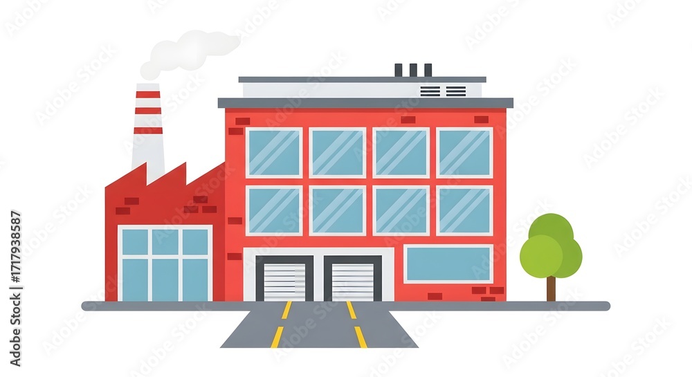 Fototapeta premium A red brick factory building with large windows, two garage doors, and a smoking chimney, set against a white background with a small green tree.