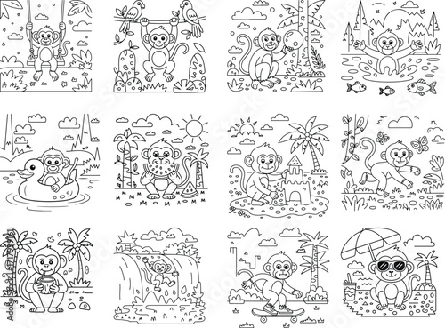 Playful Monkeys Engaged in Various Summer Activities and Adventures primate jungle
