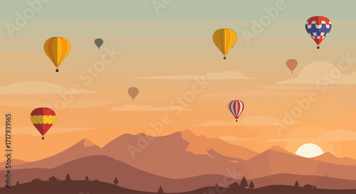 A vibrant flat design illustration capturing the majestic launch of hot air balloons against the backdrop of the Sandia Mountains during sunrise, showcasing the iconic Albuquerque International