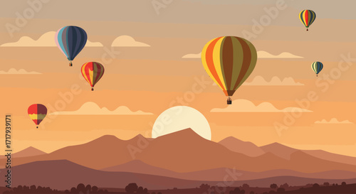 A vibrant flat design illustration capturing the majestic launch of hot air balloons against the backdrop of the Sandia Mountains during sunrise, showcasing the iconic Albuquerque International