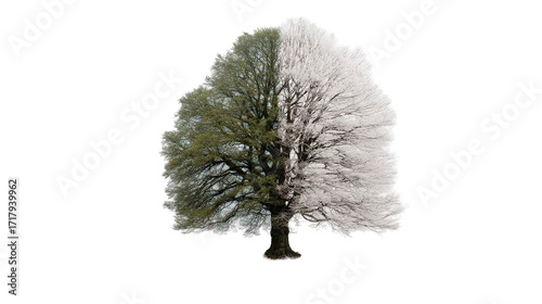 Dual Season Tree: Green and White Foliage Contrast on Transparent Background