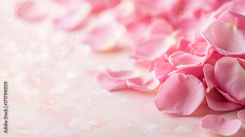 Delicate pink rose petals scattered on a soft surface, creating a serene and romantic atmosphere.