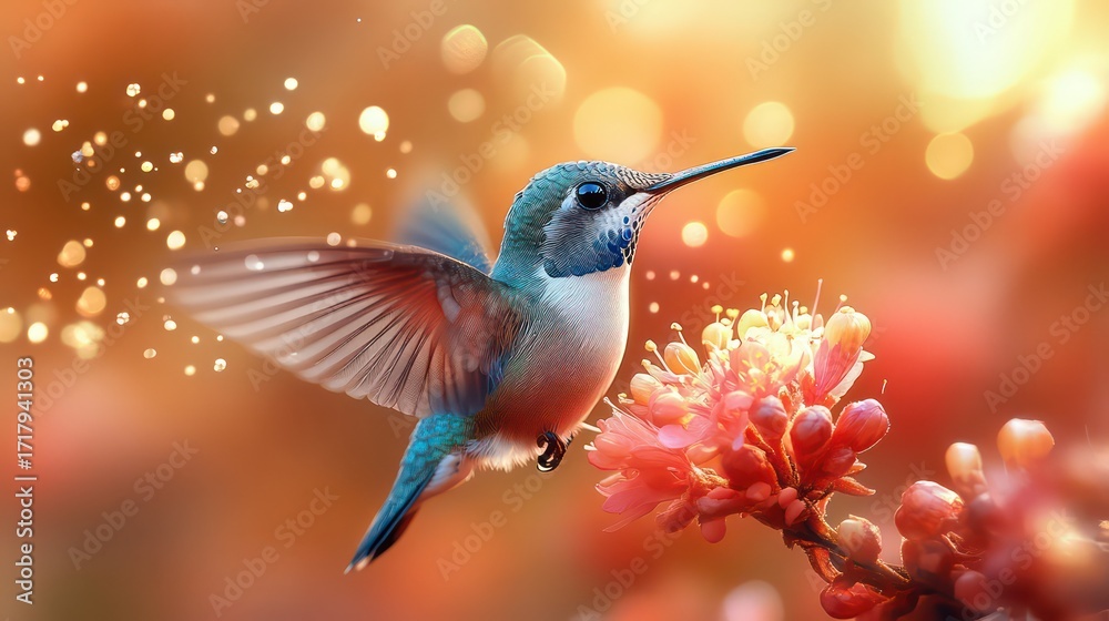 Fototapeta premium Close-Up of Baby Hummingbird Hovering Near a Vibrant Flower