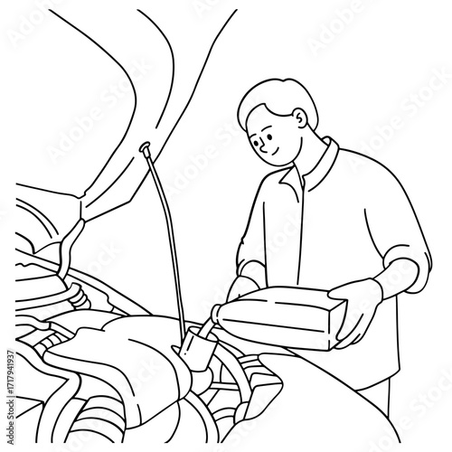 Mechanic pouring oil to car
