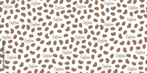 Coffee beans, heart shape. Seamless pattern. Lettering, sign. International Coffee Day. Vector graphics. Repeating background, wallpaper.
